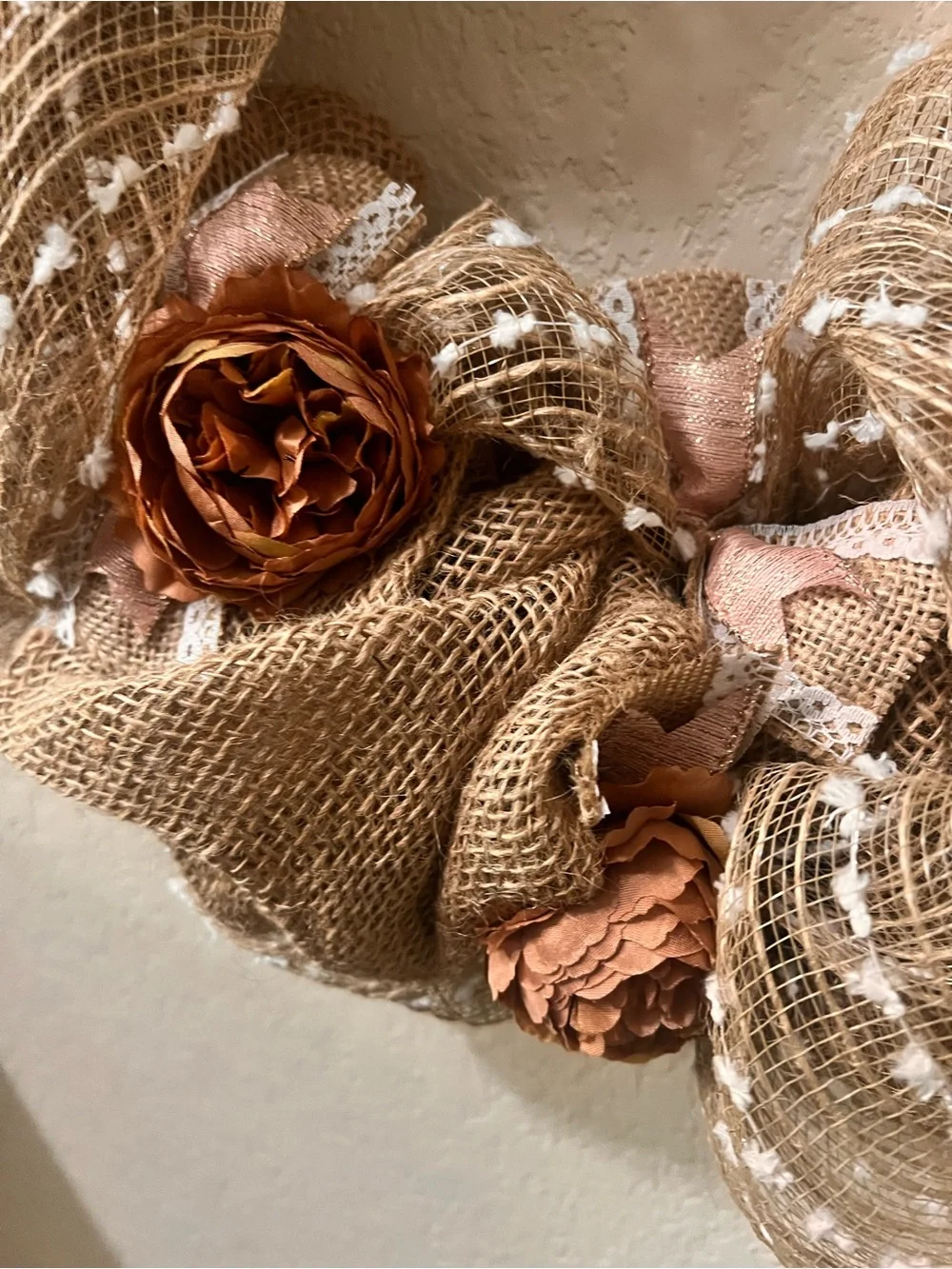 Neutral with pink accents Burlap Floral Wreath
